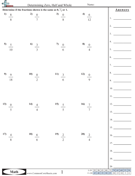 Fraction Worksheets - Fraction = 0, ½ or 1.  worksheet